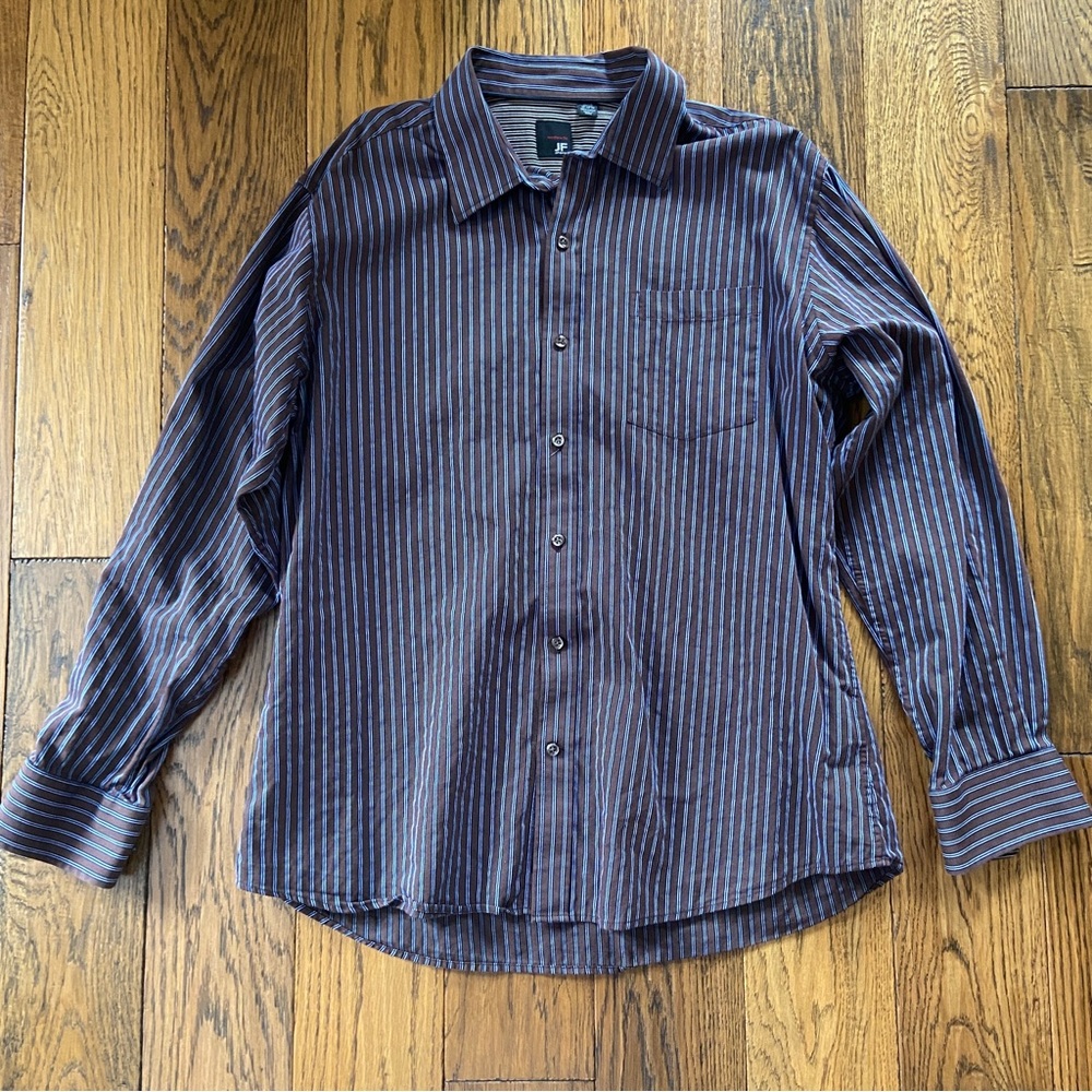 J.Ferrar Men’s Brown and Blue Striped Dress Shirt